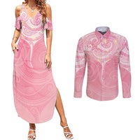 Breast Cancer Awareness Maori Aotearoa Couples Matching Summer Maxi Dress and Long Sleeve Button Shirt Manta Ray - Pink Glaze - Polynesian Pride
