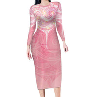 Breast Cancer Awareness Maori Aotearoa Family Matching Long Sleeve Bodycon Dress and Hawaiian Shirt Manta Ray - Pink Glaze - Polynesian Pride