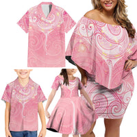 Breast Cancer Awareness Maori Aotearoa Family Matching Off Shoulder Short Dress and Hawaiian Shirt Manta Ray - Pink Glaze - Polynesian Pride