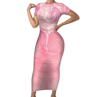 Breast Cancer Awareness Maori Aotearoa Family Matching Short Sleeve Bodycon Dress and Hawaiian Shirt Manta Ray - Pink Glaze - Polynesian Pride