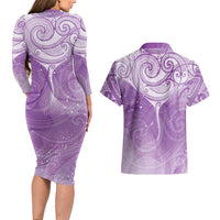 Epilepsy Awareness Maori Aotearoa Couples Matching Long Sleeve Bodycon Dress and Hawaiian Shirt Manta Ray - Purple Glaze - Polynesian Pride
