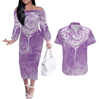 Epilepsy Awareness Maori Aotearoa Couples Matching Off The Shoulder Long Sleeve Dress and Hawaiian Shirt Manta Ray - Purple Glaze - Polynesian Pride