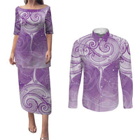 Epilepsy Awareness Maori Aotearoa Couples Matching Puletasi and Long Sleeve Button Shirt Manta Ray - Purple Glaze LT7 Purple - Polynesian Pride