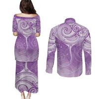 Epilepsy Awareness Maori Aotearoa Couples Matching Puletasi and Long Sleeve Button Shirt Manta Ray - Purple Glaze LT7 - Polynesian Pride