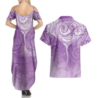 Epilepsy Awareness Maori Aotearoa Couples Matching Summer Maxi Dress and Hawaiian Shirt Manta Ray - Purple Glaze - Polynesian Pride