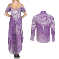 Epilepsy Awareness Maori Aotearoa Couples Matching Summer Maxi Dress and Long Sleeve Button Shirt Manta Ray - Purple Glaze - Polynesian Pride