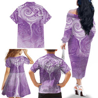 Epilepsy Awareness Maori Aotearoa Family Matching Off The Shoulder Long Sleeve Dress and Hawaiian Shirt Manta Ray - Purple Glaze - Polynesian Pride