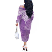 Epilepsy Awareness Maori Aotearoa Off The Shoulder Long Sleeve Dress Manta Ray - Purple Glaze - Polynesian Pride