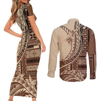 Samoa Siapo Mamanu Couples Matching Short Sleeve Bodycon Dress and Long Sleeve Button Shirt Plumeria Mocha Motifs