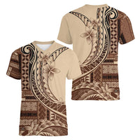 Samoa Siapo Mamanu Women V-Neck T-Shirt Plumeria Mocha Motifs LT7 - Polynesian Pride