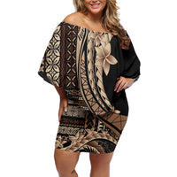 Samoa Siapo Mamanu Off Shoulder Short Dress Plumeria Black Motifs