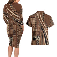 Pasifika Women's Day - Samoa Siapo Malu Tattoo Inspired Couples Matching Long Sleeve Bodycon Dress and Hawaiian Shirt Brown