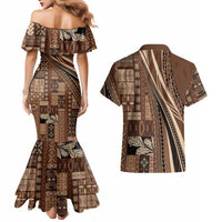 Pasifika Women's Day - Samoa Siapo Malu Tattoo Inspired Couples Matching Mermaid Dress and Hawaiian Shirt Brown