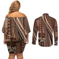 Pasifika Women's Day - Samoa Siapo Malu Tattoo Inspired Couples Matching Off Shoulder Short Dress and Long Sleeve Button Shirt Brown