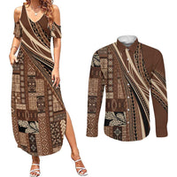 Pasifika Women's Day - Samoa Siapo Malu Tattoo Inspired Couples Matching Summer Maxi Dress and Long Sleeve Button Shirt Brown LT7 Brown - Polynesian Pride