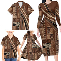 Pasifika Women's Day - Samoa Siapo Malu Tattoo Inspired Family Matching Long Sleeve Bodycon Dress and Hawaiian Shirt Brown