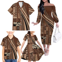 Pasifika Women's Day - Samoa Siapo Malu Tattoo Inspired Family Matching Off The Shoulder Long Sleeve Dress and Hawaiian Shirt Brown