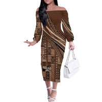 Pasifika Women's Day - Samoa Siapo Malu Tattoo Inspired Family Matching Off The Shoulder Long Sleeve Dress and Hawaiian Shirt Brown