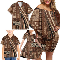 Pasifika Women's Day - Samoa Siapo Malu Tattoo Inspired Family Matching Off Shoulder Short Dress and Hawaiian Shirt Brown
