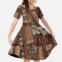 Pasifika Women's Day - Samoa Siapo Malu Tattoo Inspired Kid Short Sleeve Dress Brown LT7 KID Brown - Polynesian Pride