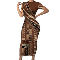 Pasifika Women's Day - Samoa Siapo Malu Tattoo Inspired Short Sleeve Bodycon Dress Brown LT7 Long Dress Brown - Polynesian Pride