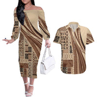 Pasifika Women's Day - Samoa Siapo Malu Tattoo Inspired Couples Matching Off The Shoulder Long Sleeve Dress and Hawaiian Shirt Beige