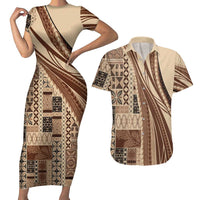 Pasifika Women's Day - Samoa Siapo Malu Tattoo Inspired Couples Matching Short Sleeve Bodycon Dress and Hawaiian Shirt Beige