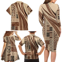 Pasifika Women's Day - Samoa Siapo Malu Tattoo Inspired Family Matching Long Sleeve Bodycon Dress and Hawaiian Shirt Beige