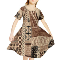 Pasifika Women's Day - Samoa Siapo Malu Tattoo Inspired Kid Short Sleeve Dress Beige LT7 - Polynesian Pride