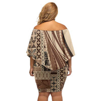 Pasifika Women's Day - Samoa Siapo Malu Tattoo Inspired Off Shoulder Short Dress Beige