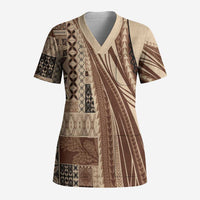 Pasifika Women's Day - Samoa Siapo Malu Tattoo Inspired Scrub Top Beige LT7 Adult Beige - Polynesian Pride