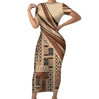 Pasifika Women's Day - Samoa Siapo Malu Tattoo Inspired Short Sleeve Bodycon Dress Beige LT7 Long Dress Beige - Polynesian Pride