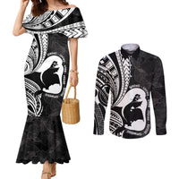 Mother's Day Couples Matching Mermaid Dress and Long Sleeve Button Shirt Polynesia Vintage Hibiscus - Black LT7 Black - Polynesian Pride