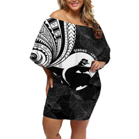 Mother's Day Off Shoulder Short Dress Polynesia Vintage Hibiscus - Black LT7 Women Black - Polynesian Pride
