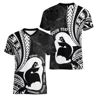 Mother's Day Women V Neck T Shirt Polynesia Vintage Hibiscus - Black