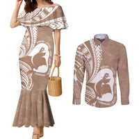 Mother's Day Couples Matching Mermaid Dress and Long Sleeve Button Shirt Polynesia Vintage Hibiscus - Brown LT7 Brown - Polynesian Pride