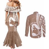 Mother's Day Couples Matching Mermaid Dress and Long Sleeve Button Shirt Polynesia Vintage Hibiscus - Brown LT7 - Polynesian Pride