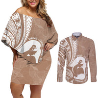 Mother's Day Couples Matching Off Shoulder Short Dress and Long Sleeve Button Shirt Polynesia Vintage Hibiscus - Brown LT7 Brown - Polynesian Pride