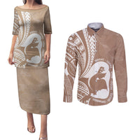 Mother's Day Couples Matching Puletasi and Long Sleeve Button Shirt Polynesia Vintage Hibiscus - Brown LT7 Brown - Polynesian Pride