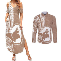 Mother's Day Couples Matching Summer Maxi Dress and Long Sleeve Button Shirt Polynesia Vintage Hibiscus - Brown LT7 Brown - Polynesian Pride