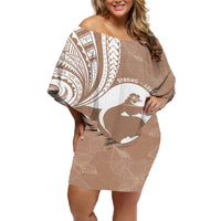 Mother's Day Off Shoulder Short Dress Polynesia Vintage Hibiscus - Brown LT7 Women Brown - Polynesian Pride