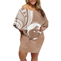 Mother's Day Off Shoulder Short Dress Polynesia Vintage Hibiscus - Brown LT7 Women Brown - Polynesian Pride