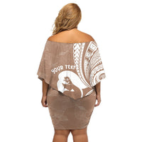 Mother's Day Off Shoulder Short Dress Polynesia Vintage Hibiscus - Brown LT7 - Polynesian Pride