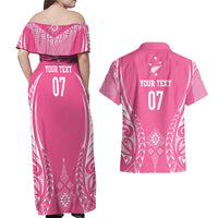 2025 Rugby Championship New Zealand Custom Couples Matching Off Shoulder Maxi Dress and Hawaiian Shirt Poutama Motifs - Pink Out - Polynesian Pride