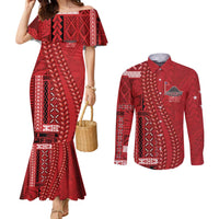 Samoa FAST Siapo Couples Matching Mermaid Dress and Long Sleeve Button Shirt Tatau-Ulafala Vines LT7 Red - Polynesian Pride