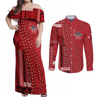 Samoa FAST Siapo Couples Matching Off Shoulder Maxi Dress and Long Sleeve Button Shirt Tatau-Ulafala Vines LT7 Red - Polynesian Pride
