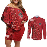 Samoa FAST Siapo Couples Matching Off Shoulder Short Dress and Long Sleeve Button Shirt Tatau-Ulafala Vines LT7 Red - Polynesian Pride
