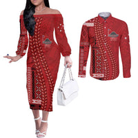 Samoa FAST Siapo Couples Matching Off The Shoulder Long Sleeve Dress and Long Sleeve Button Shirt Tatau-Ulafala Vines LT7 Red - Polynesian Pride
