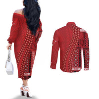 Samoa FAST Siapo Couples Matching Off The Shoulder Long Sleeve Dress and Long Sleeve Button Shirt Tatau-Ulafala Vines LT7 - Polynesian Pride