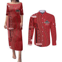 Samoa FAST Siapo Couples Matching Puletasi and Long Sleeve Button Shirt Tatau-Ulafala Vines LT7 Red - Polynesian Pride